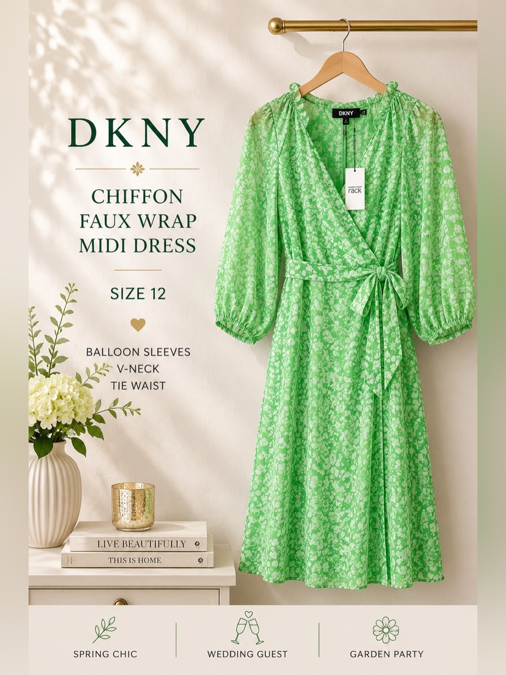 DKNY Chiffon 3/4 Balloon Sleeve V-Neck Tie Waist Faux Wrap Midi Dress Size 12
